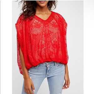 Free People Paloma Red Crochet Lace Blouse Large NWT